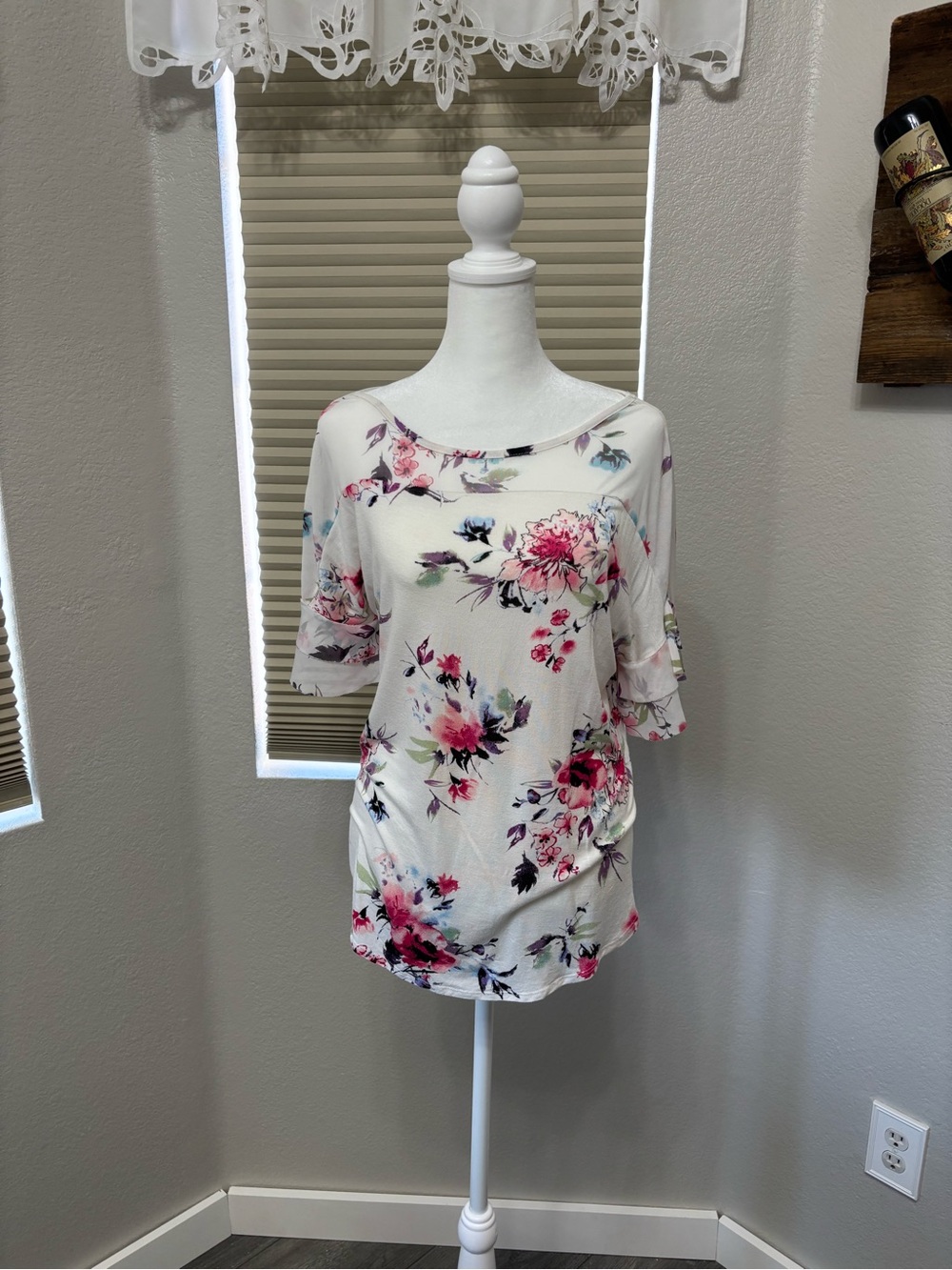 French Laundry Cream Floral Ruffle Sleeve Top - Pink & Green Accents